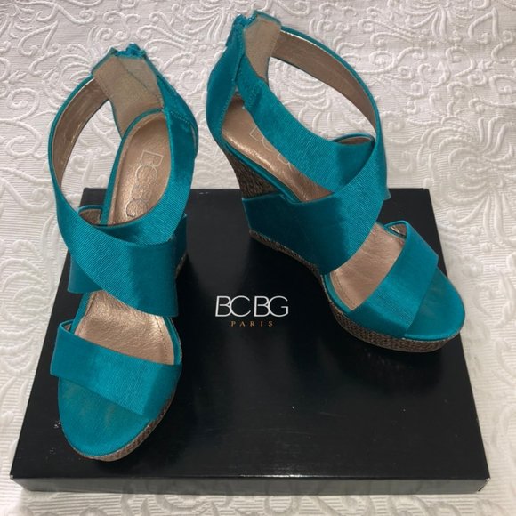 BCBG RANDO Platform Wedge Heel Sandal Teal Fabric Jute Trim Back Zip Sexy 8 - Picture 2 of 13